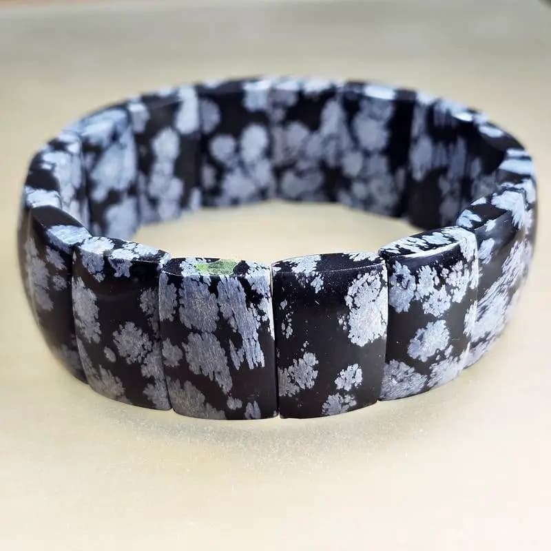 Snowflake Obsidian Flat Bead Bracelet